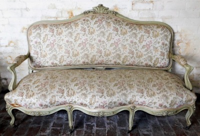 A French style salon suite, with canape, a pair of fauteils and two side chairs, with green painted frame and floral tapestry upholstery, sofa 184cm over arms. (5) - 2