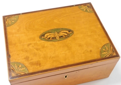 A George III inlaid satinwood writing slope, the top with mahogany banding and boxwood stringing, central oval patterae inlaid with a moth, and corner spandrels, with acorns in sycamore and boxwood, with fitted interior and relined in green baize, with lo - 2