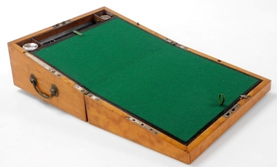 A George III inlaid satinwood writing slope, the top with mahogany banding and boxwood stringing, central oval patterae inlaid with a moth, and corner spandrels, with acorns in sycamore and boxwood, with fitted interior and relined in green baize, with lo - 3