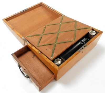 A George III inlaid satinwood writing slope, the top with mahogany banding and boxwood stringing, central oval patterae inlaid with a moth, and corner spandrels, with acorns in sycamore and boxwood, with fitted interior and relined in green baize, with lo - 4