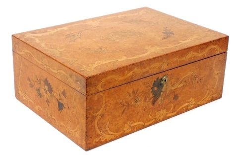 A Victorian karelian birch and marquetry jewellery box, inlaid with floral sprays and foliate scrolls, with monogrammed reserve and L shaped brass hinges to the lid, fitted interior comprising two plush lined fitted trays, and with Bramah lock and key, t