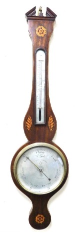 A George III inlaid mahogany wheel barometer, by Ceser Scaleini of Taunton, with broken arched pediment and brass flame finial, the inlaid case with shell paterae and flower heads, incorporating a thermometer, the silvered dial signed and with Masonic mot