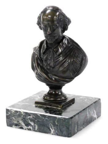 A 19thC bronze bust of William Shakespeare, mounted on a square marble plinth, 13cm high.