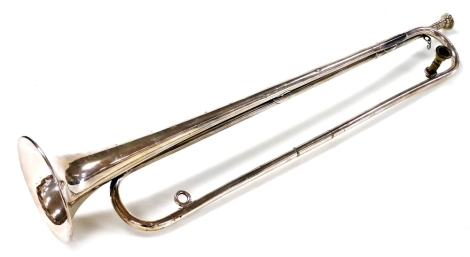 A Boosey and Co of London silver plated bugle horn, with two mouth pieces, 72cm long.