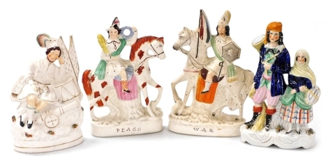 Four Victorian Staffordshire flat back figure groups, depicting War and Peace, 30.5cm and 28.5cm respectively, another figure of War, 26cm high, and another group of fisher folk, 28.5cm high.