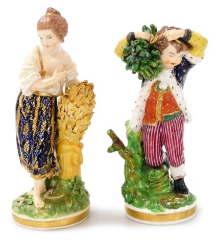 A pair of 19thC matched Bloor Derby figures, emblematic of the seasons and comprising a young boy in fine dress carrying a bundle of produce, with red stamped Bloor Derby mark, 15.5cm high, and the companion figure of a young girl, also in fine dress stan