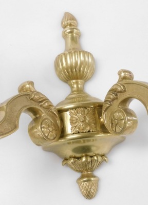 A pair of heavy brass two branch wall lights, with flaming urn shaped finials and scrolling branches, 28cm high. - 2