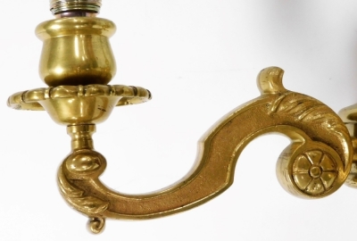 A pair of heavy brass two branch wall lights, with flaming urn shaped finials and scrolling branches, 28cm high. - 3