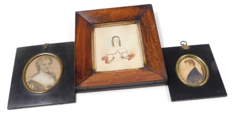 19thC English School. Half length portrait of a young lady, with ringlet hair and formal attire, 14cm x 11.5cm, an early 19thC profile portrait of a gentleman, watercolour on paper, 7.5cm x 5.5cm, in ebonised frame, and a steel engraving portrait of a you