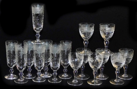 A Royal Brierley cut glass part suit of table glassware, with engraved floral decoration, comprising eight champagne flutes and eight wine glasses.