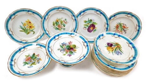 A late 19thC porcelain dessert service, painted centrally with flowers in a blue ribbon border, gilt heightened, comprising a comport, pair of tazza, and twelve dessert plates.