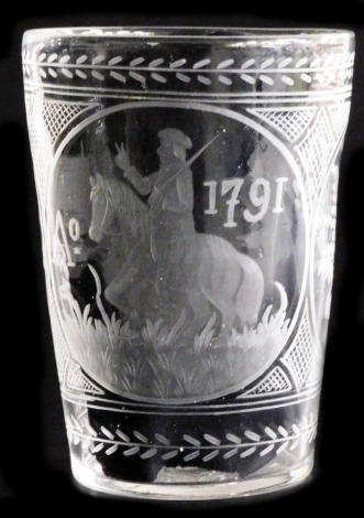 A late 18thC glass vase, the central roundel engraved with a figure on a horse, and AD1791, flanked by two further roundels engraved with flowers, within engraved borders, 19cm high.