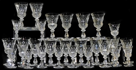 A suite of Val St Lambert table glassware, comprising fifteen red wine glasses, seven white wine glasses, and seven port glasses.