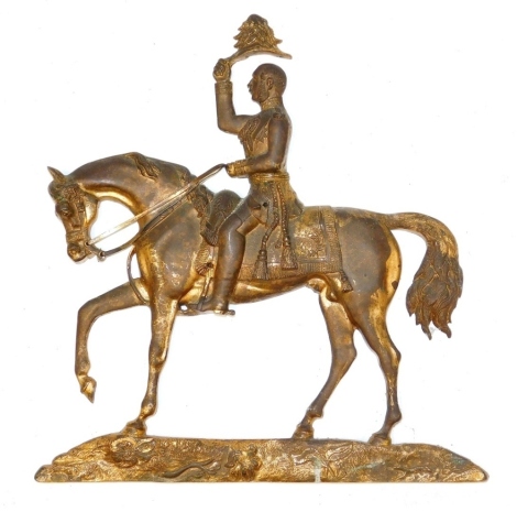 A Victorian gilt brass wall plaque, of Prince Albert, modelled seated on horseback, raising his tricorn hat, on a naturalistic base, 24cm wide.