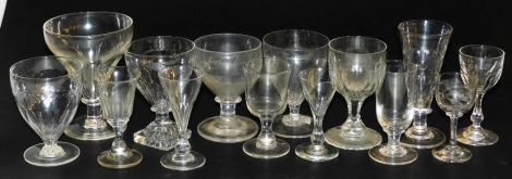 19thC table glassware, including rummers, wine glasses, and liqueur glasses. (13) Auctioneer Announce one rummer removed from the lot now 13 glasses in total.