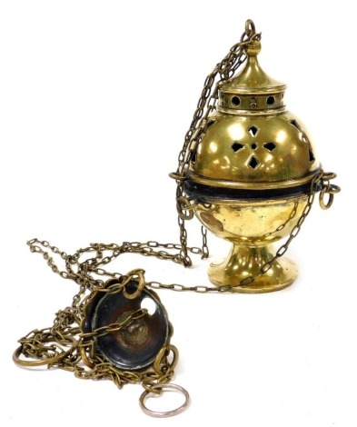 An early 20thC brass thurible, with chain suspension, 21cm high.