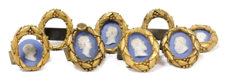 Six 19thC Jasperware plaques, bust portraits of Roman emperors, within laurel wreath frames, and two further frames.