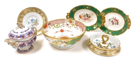 A group of 19thC English pottery and porcelain, including a sauce tureen cover and ladle, pair of porcelain dessert dishes painted with flowers, porcelain ice bucket lid and stand painted with convolvulus, and a porcelain fruit bowl.