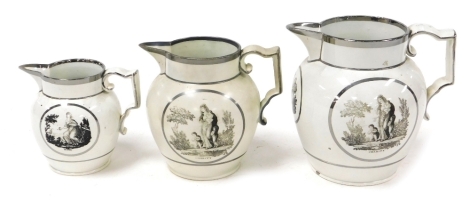 Three early 19thC pearlware and silver lustre graduated jugs, bat printed in reserves with Faith, Hope and Charity.