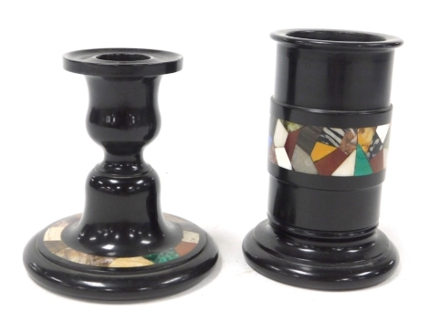 A Victorian slate and micro mosaic candlestick, 10cm high, and a similar slate and micro mosaic spill holder, 10.5cm high. (2)