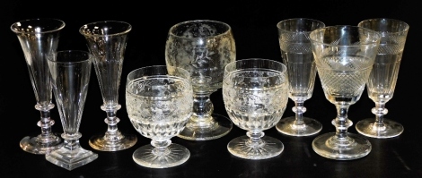 A group of 19thC glassware, including wine glasses, rummers, and flutes. (9)