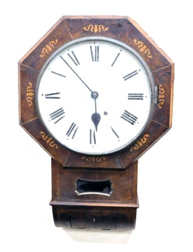 A Victorian walnut and inlaid drop dial wall clock, the circular dial bearing Roman numerals, single barrel movement, the dial in an octagonal surround, 62cm high.