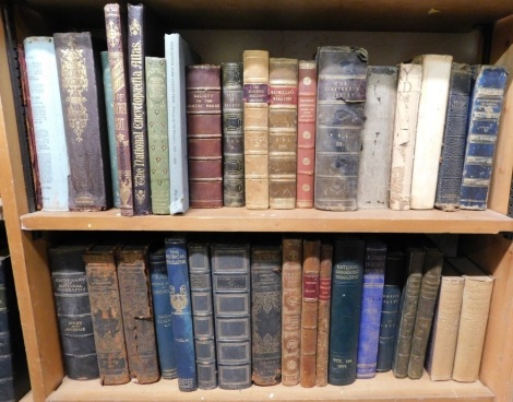 19thC and later leather and cloth bindings, to include The Life and Services of Admiral Lord Nelson, volume 2, published by Fisher Son and Co. London, A Bloodstock Breeders Review, volume 20, published 1931, Histoire Sainte, etc. (2 shelves)