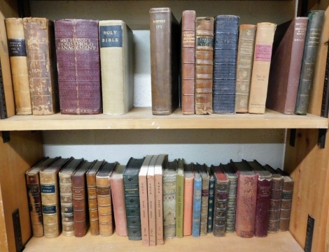 19thC and later leather and cloth bindings, to include Mrs Beaton's Household Management, published by Ward, Lock and Co. Ltd. London, Tupper (Martin F) Proverbial Philosophy, twenty fourth edition, published by T. Hatchard London 1857, etc. (2 shelves)