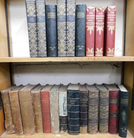 Various leather and cloth bindings, to include Chambers Encyclopaedia volumes 2 and 7, Chambers Journal for 1880 and 1904, Children's Encyclopaedias, various of Chambers Journals, etc. (2 shelves)