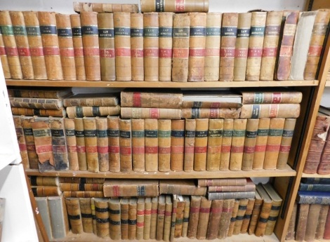 Various volumes of The Law Reporter, half gilt Morocco and cloth bound, largely early 20thC, published by Horace Cox London, various other publishers, further law related works, to include The Law Reports, Law Notes, etc. (3 shelves)