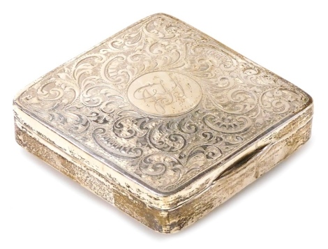 An Edward VII silver box, of square form, the lid decorated with an initialled cartouche surrounded by bright cut engraved leaves and scrolls, John Edward Wilmot, Birmingham 1903, 3.76oz, 8cm wide.