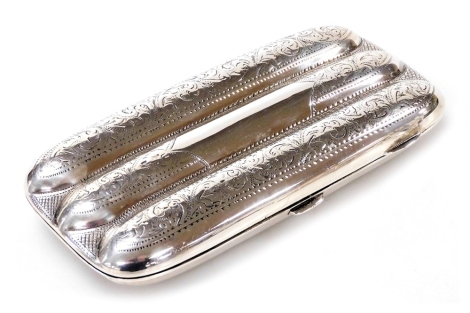 A George V silver cigar case, the rectangular case of moulded form with bright cut decoration, the interior containing slots for three cigars, Smith and Bartlam, Birmingham 1913, 3.20oz, 13cm wide.