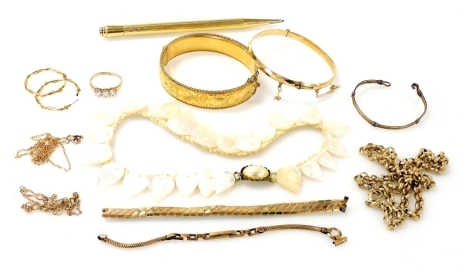 A group of gold plated and costume jewellery, to include a three stone ring, a 9ct gold plated bangle, pair of hoop earrings, chains, etc.