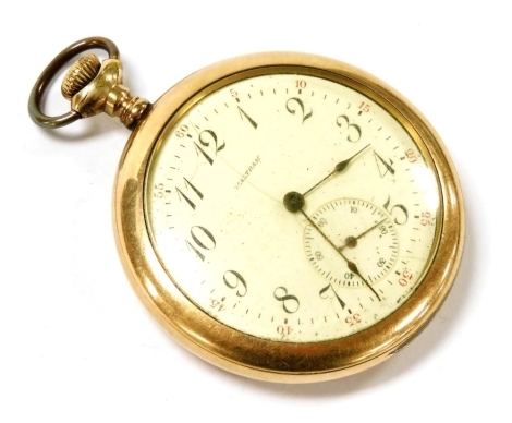 A Waltham gentleman's gold plated pocket watch, open faced, keyless wind, circular dial bearing Arabic numerals, subsidiary seconds dial, the case engraved with birds and flowers.