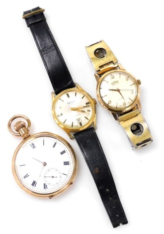 A Waltham gold plated gentleman's pocket watch, open faced, keyless wind, circular enamel dial bearing Roman numerals, subsidiary seconds dial, movement no 12815846, the case of plain form, together with a Roamer Popular gentleman's gold plated wristwatch