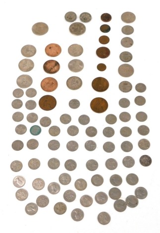 A group of decimal and pre decimal coinage, to include Elizabeth II sixpence pieces, commemorative ten pence coins, George VI pennies, other copper coinage, etc. (a quantity)