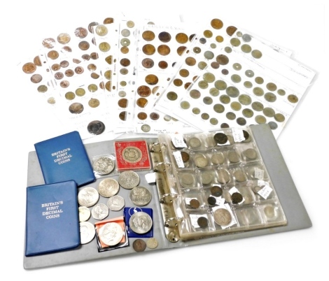 A group of GB pre decimal and world coins, to include a Queen Victoria 1887 florin, George VI and later shillings, commemorative crowns, Britain's first decimal coin sets, coinage from Canada, Denmark, Ceylon, United States, etc.