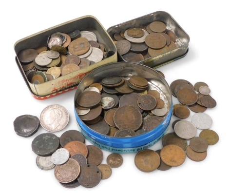 Various GB pre decimal and world coinage, to include Victorian Guernsey coinage, coinage from Canada, a Canadian one penny 1857 bank token, Irish coinage, Elizabeth II pennies, American coinage, tokens, etc.