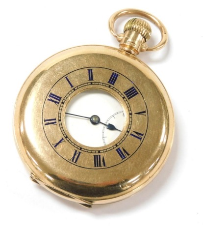 A George V 9ct gold gentleman's half hunter pocket watch, keyless wind, circular dial bearing Arabic numerals, subsidiary seconds dial, Swiss seven jewelled movement, with gold cuvette, plain back and front with blue enamelled Roman numerals, Chester 1928