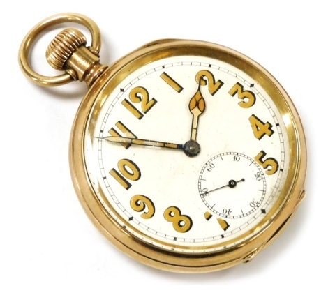 An early 20thC gentleman's gold plated pocket watch, open faced, keyless wind, circular enamel dial bearing Arabic numerals, subsidiary seconds dial, the case of plain form.