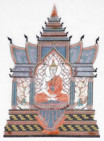 Thai School. Shrine depicting Buddha centrally flanked by two further deities, coloured rice paper, 55cm x 40cm.