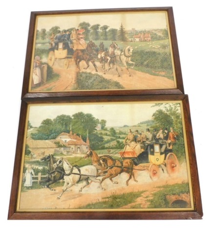 A pair of Victorian oleographs depicting coaching scenes, comprising Brighton Coach and St Albans Coach, 43cm x 67cm.