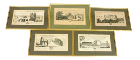 Samuel and Nathaniel Buck. 18thC black and white engravings, comprising North View of Temple Bruer, South West Prospect of Lincoln Castle, South West View of Crowland Bridge, The West Prospect of Scrivelby Hall, and the East Prospect of Tattershall Castle