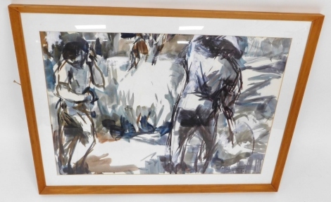 Raymond Grant, Baron de Longueuil (1924-2004). Study of field workers, watercolour, signed and dated 7.80, 43cm x 46cm.