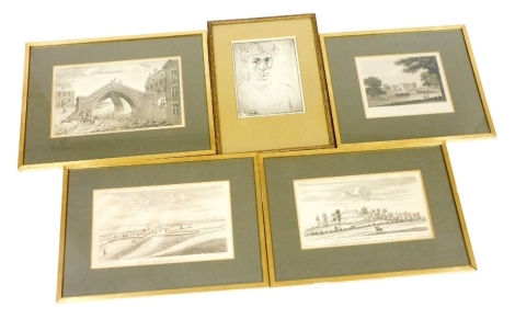 18thC engravings, comprising Elisha Kirkhall Prospect of Lincoln, and Prospect of Ancaster, together with Scene of Crowland Bridge, Denton House, etc. (a quantity)