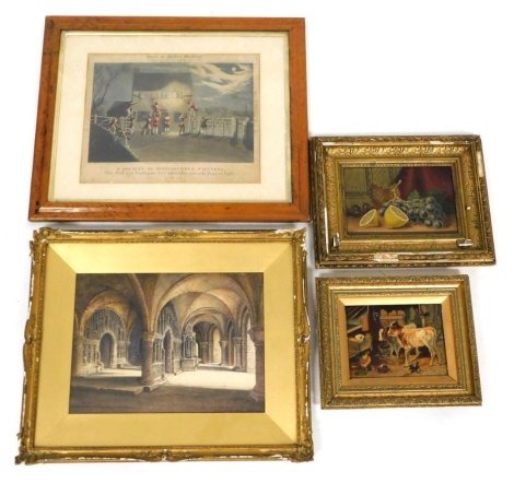 Various pictures, to include watercolour study of the Chapel of Our Lady of the Undercroft Canterbury, indistinctly signed, 26cm x 35cm, still life of fruit, oil on board, initialled MEH, 15cm x 23cm, colour engraving of the Spree at Melton Mowbray, etc. 