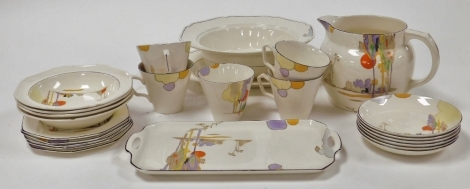 A Tams Wear Art Deco Woodland pattern pottery part tea service, comprising five teacups, six saucers, four breakfast bowls, five side plates, rectangular two handled tray, rectangular dish, bowl and large jug, RD number 77038.