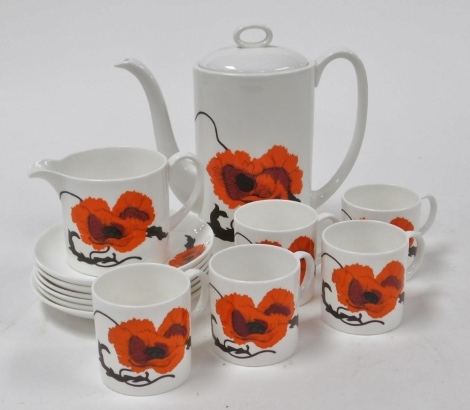 A Wedgwood Corn Poppy pattern part coffee service, comprising five coffee cans, five saucers, teacup, saucers, coffee pot, and milk jug.