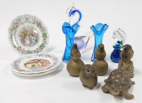 Five Poole pottery stoneware animals, comprising three birds, an owl and a tortoise, together with four Royal Doulton Four Seasons plates from The Brambly Hedge Collection, and a small group of turquoise glass.