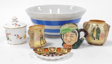 A group of ceramics, comprising a T G Green blue and white banded Cornish kitchenware mixing bowl, 27cm diameter, a Royal Crown Derby Imari pattern fan shaped trinket dish, 13cm wide, a Royal Crown Derby Derby Posies condiment pot and cover, 12cm high, to